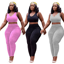 Casual Solid-Color Cropped Vest Pleated Trousers Two-piece Set DM-8129