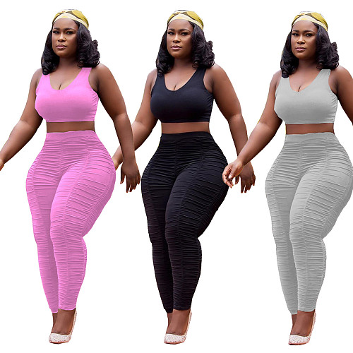 Casual Solid-Color Cropped Vest Pleated Trousers Two-piece Set DM-8129