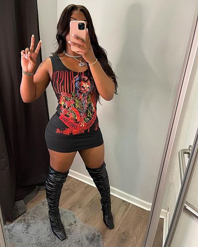 Fashion Women Pattern Print Streetwear Sleeveless O-Neck Bodycon Pullover Mini Dress JR-3619