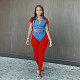 Contrast Color Patchwork Sexy Turn Down Collar Short Sleeve Crop Top+High Waist Jogger Pants 2 Piece Set DM-8173