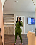 Women Solid Color Long Sleeves Bodycon Pants Sporty 2 Pieces Sets MEM-88606