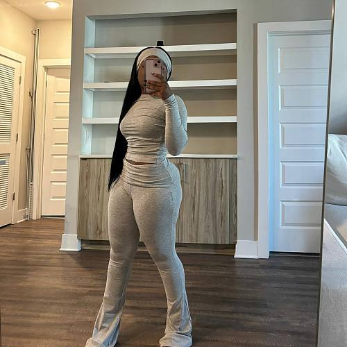 Casual Women Solid Color Long Sleeves Tops And Bodycon Pants 2 Pieces Sets MEM-88614