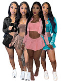 Fashion Women Solid Color Long Sleeves Pleated Mini Skirt 3 Pieces Sets CH-24100