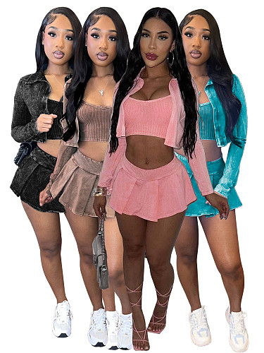 Fashion Women Solid Color Long Sleeves Pleated Mini Skirt 3 Pieces Sets CH-24100