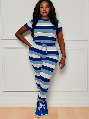 Women's Striped Printed Crew Neck Short Sleeve Pants Suits RS-1020