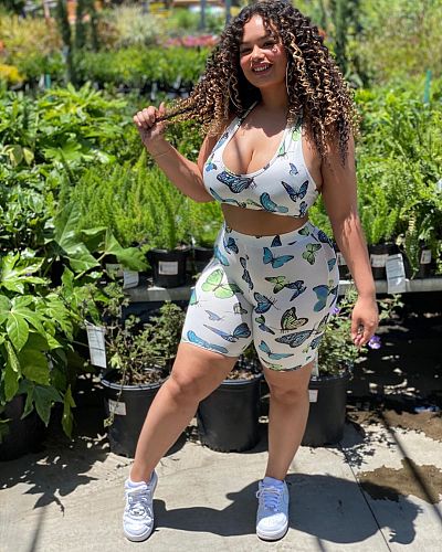 Sexy Butterfly Print Bodice Wrap Tight Shorts Two-piece Set DM-8132