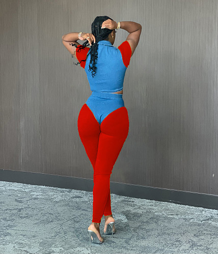 Contrast Color Patchwork Sexy Turn Down Collar Short Sleeve Crop Top+High Waist Jogger Pants 2 Piece Set DM-8173