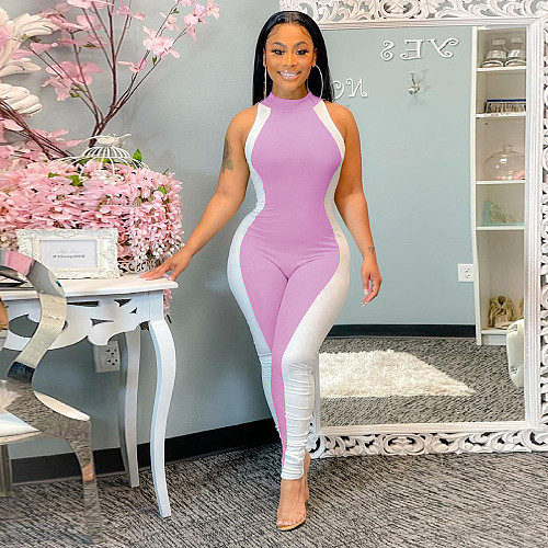 Contrast Stitching Sleeveless High Waist Bodycon Jumpsuits DM-8169