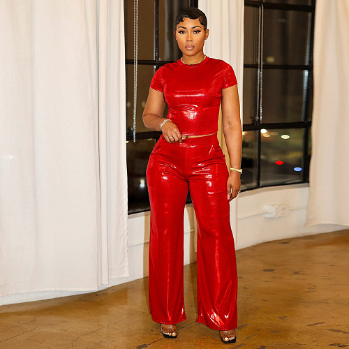 Women wide leg pants bronzed slim solid color short sleeve pant set red YNS-2673