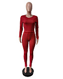 Women Solid Color Long Sleeves Bodycon Pants Sporty 2 Pieces Sets MEM-88606