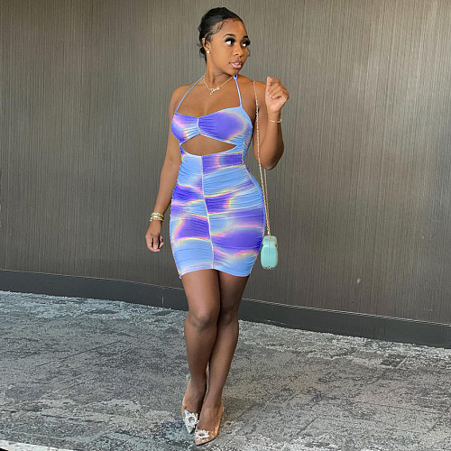 Women Tie-dye Print Cut Out Bodycon Halter Dress DM-8168