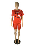 Casual Solid-color Poker Q-printed Short-sleeved Two-piece Set DM-8134