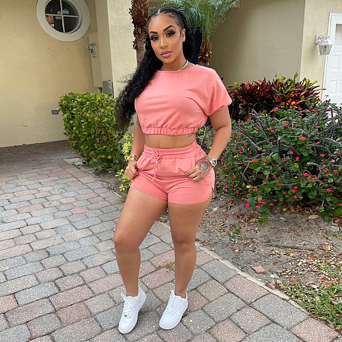 Sexy Solid Color Cotton Women Short Sleeve Stretch Crop Top Jogging Shorts Summer 2 Piece Set DM-8179