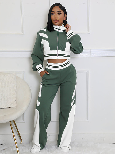 Women's thread color block splicing wide leg micro flare pants two-piece set CH-24070