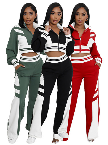 Women's thread color block splicing wide leg micro flare pants two-piece set CH-24070