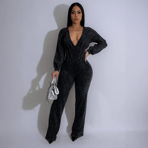 Women's Personalized Line Splicing V-neck Long Sleeve Sports Romper OSM-4467