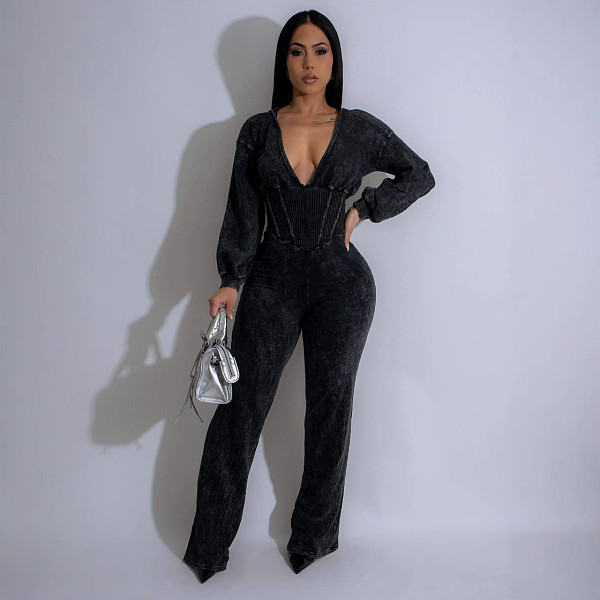Women's Personalized Line Splicing V-neck Long Sleeve Sports Romper OSM-4467