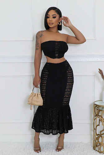 Sexy strapless high waist crop wrap buttock fishtail skirt set black CN-0230