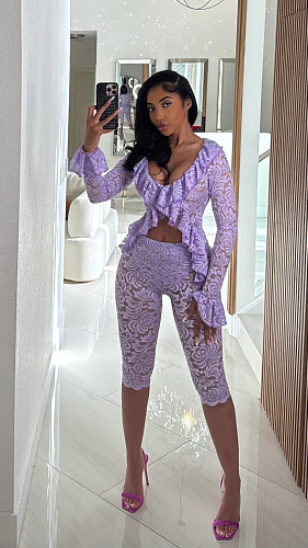 Solid Color Long Sleeves Sexy Cutout Lace Two-piece Set DY-6804