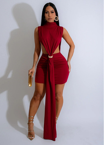 Sexy slit solid color sleeveless bag hip mini dress CN-0231
