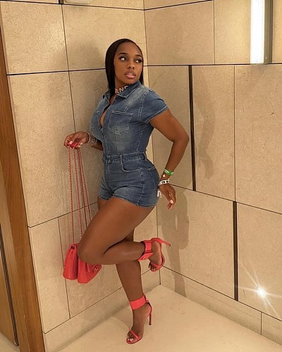 Women Turndown Collar Short Sleeves Denim Bodycon Romper MEM-88627