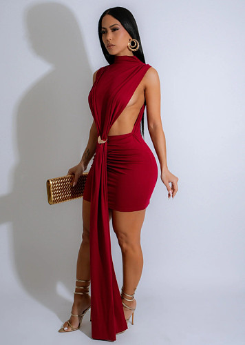 Sexy slit solid color sleeveless bag hip mini dress CN-0231