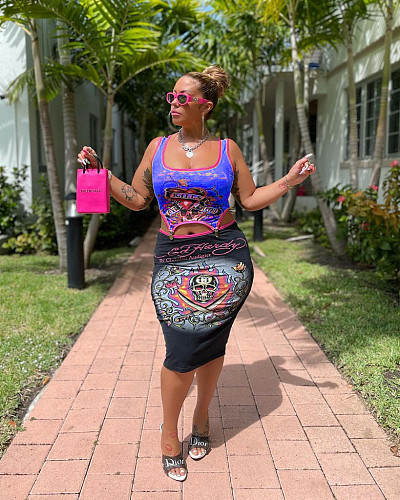 Fashion Women Streetwear Pattern Print Sleeveless Tank Crop Top Midi Skirt Club Party 2 Piece Set MAE-2103