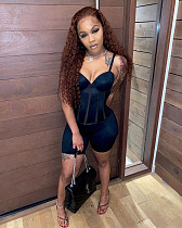Sexy Womens Clothes Solid Color Zipper Up V Neck Spaghetti Strap Top Package Hip Slim Shorts 2 Piece Suit MAE-2097