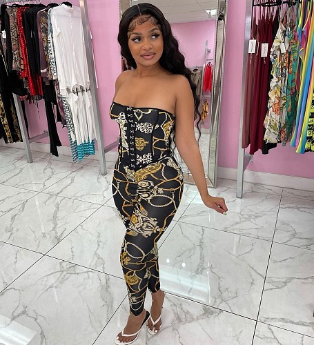 Vintage Pattern Printed Women Off Shoulder Strapless Bodycon Sexy Streetwear Corset Jumpsuit MAE-2095