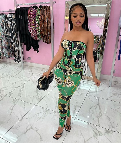 Vintage Pattern Printed Women Off Shoulder Strapless Bodycon Sexy Streetwear Corset Jumpsuit MAE-2095