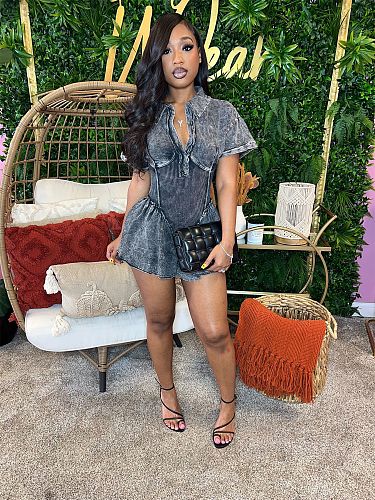 Fashion Women Turndown Collar Short Sleeves Solid Color Romper CH-24101