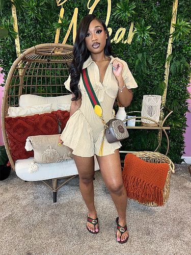 Fashion Women Turndown Collar Short Sleeves Solid Color Romper CH-24101
