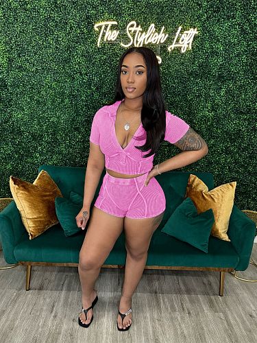 Casual Women Deep-V Turndown Collar Tops And Shorts 2 Pieces Sets CH-24032