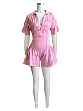 Fashion Women Turndown Collar Short Sleeves Solid Color Romper CH-24101