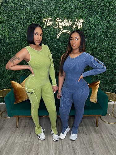 Women Single Sleeve Solid Color Bodycon Slit Flared Jumpsuit CH-24045
