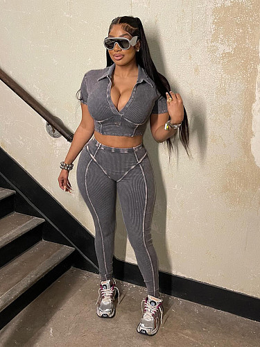 Casual Women Solid Color Deep-V Turndown Collar Two Pieces Sets CH-24036