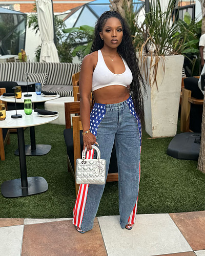 Stylish American flag print stretch wide-leg denim pants ZS-0703
