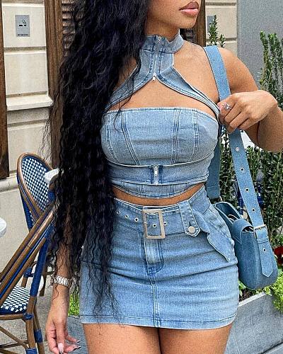 Sexy Halter Backless Women Zipper Casual Short Skirt Denim Sets NIYA-8163