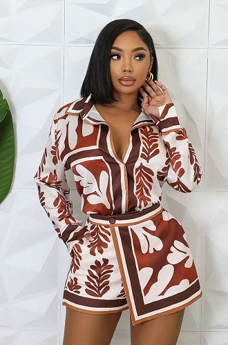 Fashion Print Women Long Sleeves Turndown Collar Shorts 2 Pieces Sets RS-8701