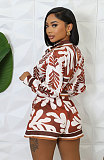 Fashion Print Women Long Sleeves Turndown Collar Shorts 2 Pieces Sets RS-8701