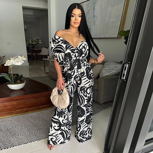 Women's off-the-shoulder Bat-sleeved wide-leg printed jumpsuit YF-20172