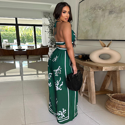 Women's Printed V-neck Sexy Halter Wide-leg Trouser Suit YF-20155