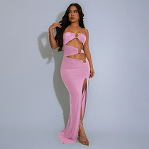 Women's serpentine decoration solid color backless sexy split top dress YF-20152