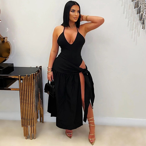 Women's pure color lace-up sexy split skirt set YF-10823
