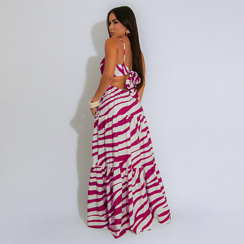 Women's sexy lace big swing long print halter dress YF-20168