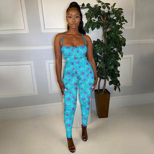 Tie-dye Printed Sleeveless Mid-waist Skinny Halter Jumpsuit YF-9832