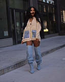 Women's stylish loose sweater patchwork single breasted denim pocket cardigan ZS-0338