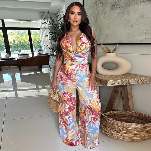 Fashion women's Amazon sleeveless lace-up wide-leg printed jumpsuit YF-20151