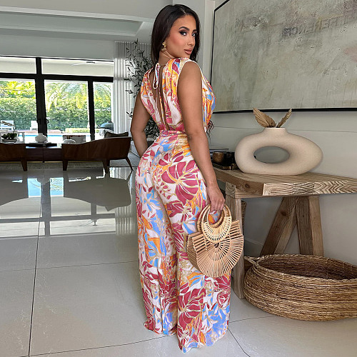 Fashion women's Amazon sleeveless lace-up wide-leg printed jumpsuit YF-20151