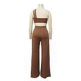 Skew Collar Crop Top Wide Leg Pants Two Piece Set YF-10157